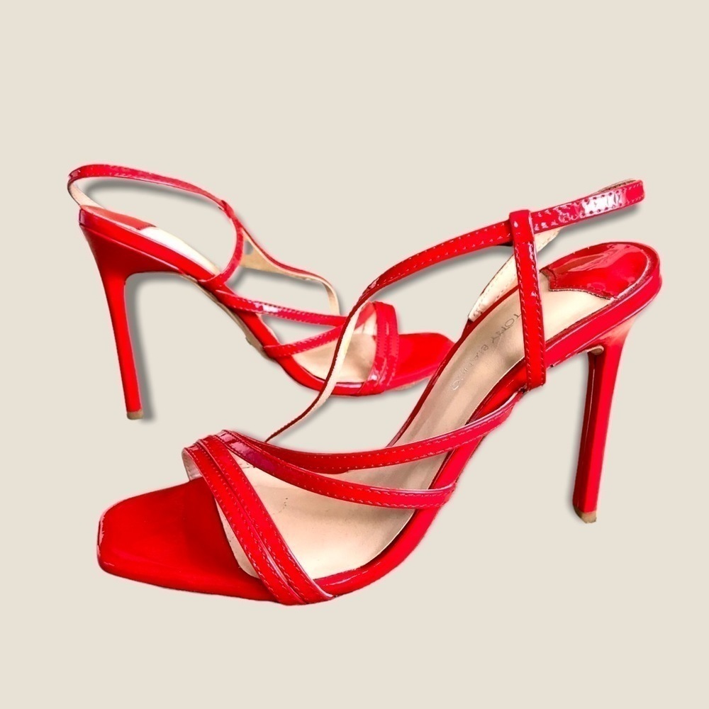 Revolve Tony Bianco Selena Heel Red Patent Leather Strappy Square Toe Stilettos